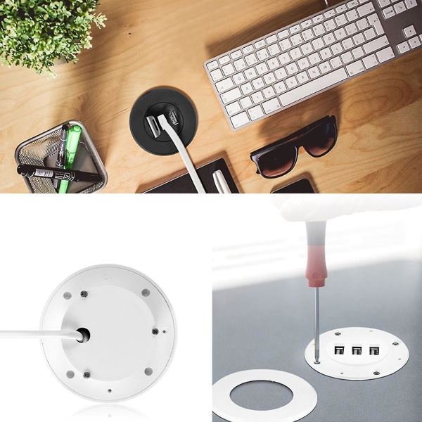 5 cm Grommet Hål In-desk Montering 3-portars USB laddarnav för mobiltelefon surfplatta (FMY) Black