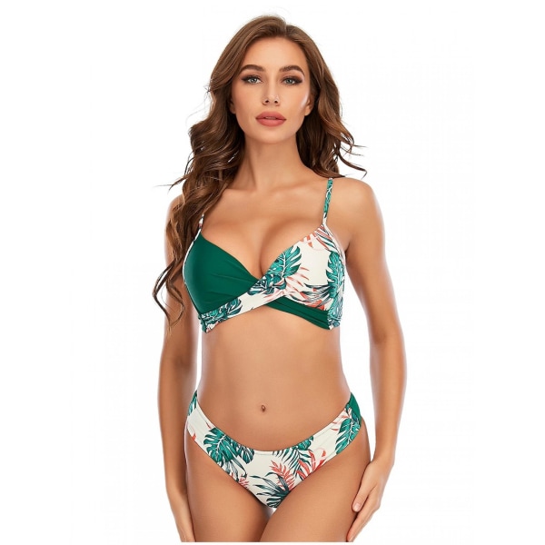 Naisten bikini-uimapuku print Lace Up V-kaula-aukkoinen, kaksiosainen uimapuku, vihreä, 2xl (FMY)