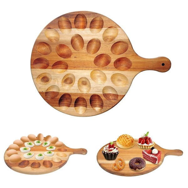 Vändbar Deviled Egg Platter Charcuterie Board 24 Hål Trä Tjock Äggbricka Bänkskiva Kyckling Äggbehållare  (FMY) Wood Color