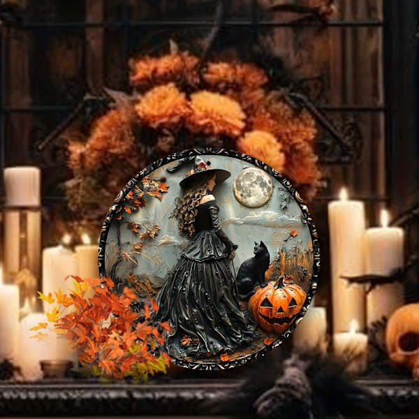 Halloween Gotisk Häxa Träskylt med Svart Katt, Vattentät Utomhus Inomhus Väggkonst för Hem, Kontor, Festdekoration, 7.87 tum, Förborrad, (FMY) 1pc
