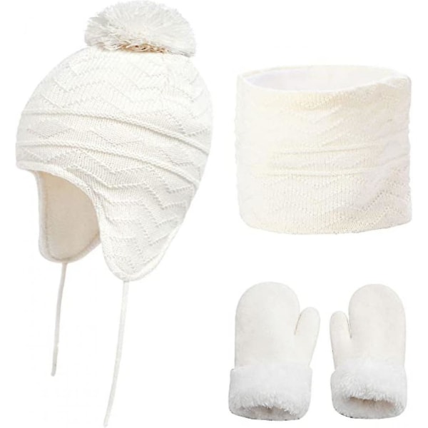 3stk børne vinter hue hue tørklæde handsker sæt til børn 1-3 år gamle piger dreng varm strikket øreflap beanie fleece hue (FMY)