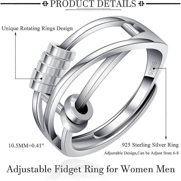 925 Sterling Silver Justerbar Ångestring för Kvinnor Män Fred Fidget Spinner Ringar Retro Bröllop Löfte Tumringar för Ångest Stress Re (FMY) 7 Bead Adjustbale Ring -