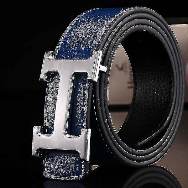 Ny Stil Business Fritid Äkta PU Läder H Slät Spänne Litchi Korn Bälte För Män (FMY) Dark Blue   Silver