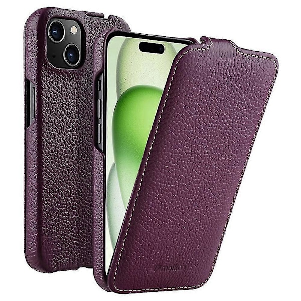 MELKCO iPhone 15 Etui - Anti-fall Vertikal Klaff Ekte Ku-skinn + PC Deksel (FMY) Purple iPhone 15