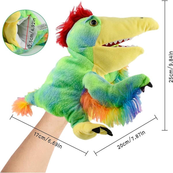 Dinosaur hånddukke Caudipteryx, fargerik og individuell realistisk modell plysj utstoppet rovdyrleketøy, gave til barn (FMY)
