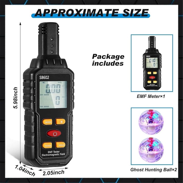 Spökutrustningspaket, EMF-mätare med 2 rörelseaktiverade lysande kattbollar, EMF-mätare för spökjakt (FMY) Black