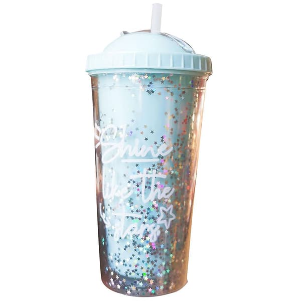 550ml Regnbåge Plast Vattenflaska Dubbla Lager Paljetter Drickskopp med Sugrör (FMY) 08 (Rainbow Lavender)