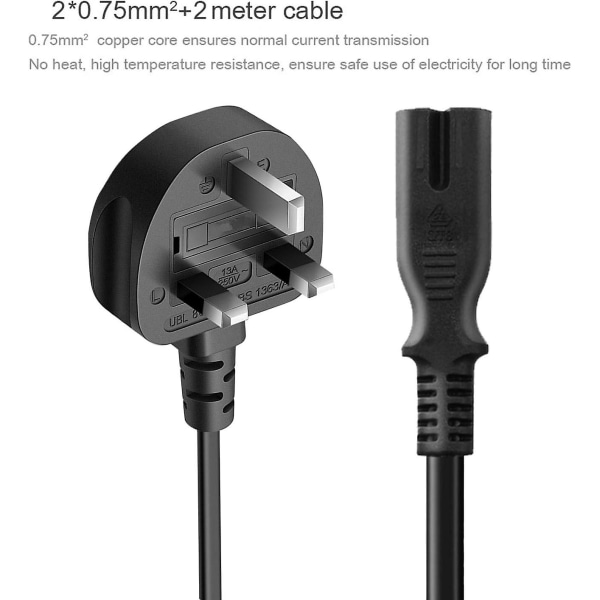 2 meter britisk strømnett, 3-pinners plugg til Iec C7 (svart 1 pakke) (FMY)