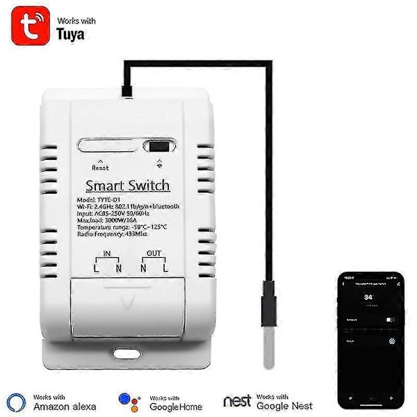 Wifi Lämpötilakytkin 16a Tuya Smart Rf433 Älykäs Termostaatti Ds18b20 Lämpötila-anturi Vedenpitävä Reaaliaikainen Monitori (FMY)