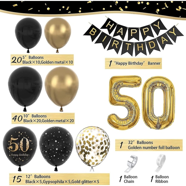 50-årsdagsdekorasjon, 50-årsjubileumsdekorasjon for menn, kvinner, 50-årsdekorasjoner, Gratulerer med dagen Garland Balloon Black Gold Decoration (FMY)