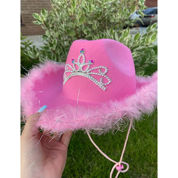 Vaaleanpunainen cowboy-hattu naisille, jossa paljetteja ja tiara, rodeojuhlat, sydän (FMY) Pink
