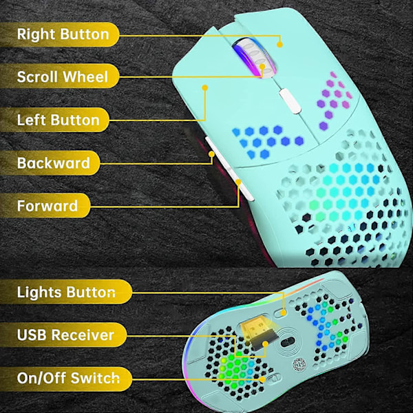 Trådløs Gaming Mus, Honeycomb Kabinet Computermus, 11 RGB Baggrundsbelysning, 3.400 DPI, 6 Programmeringsknapper, USB-modtager, Strømbesparende. (FMY)