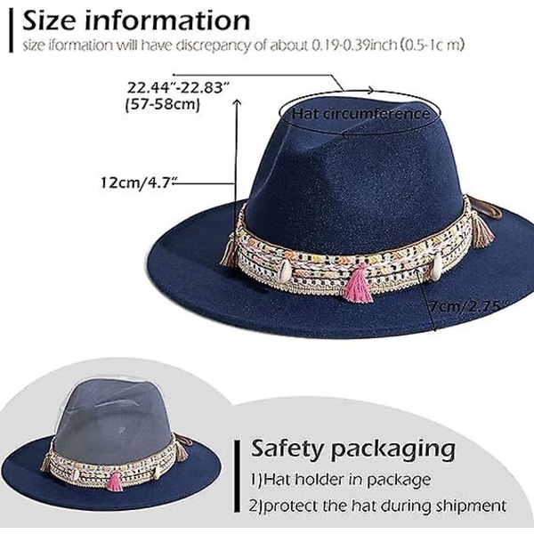 Fedora-hatt i filt dam, panamahattar med bred brättning med tofs (FMY)