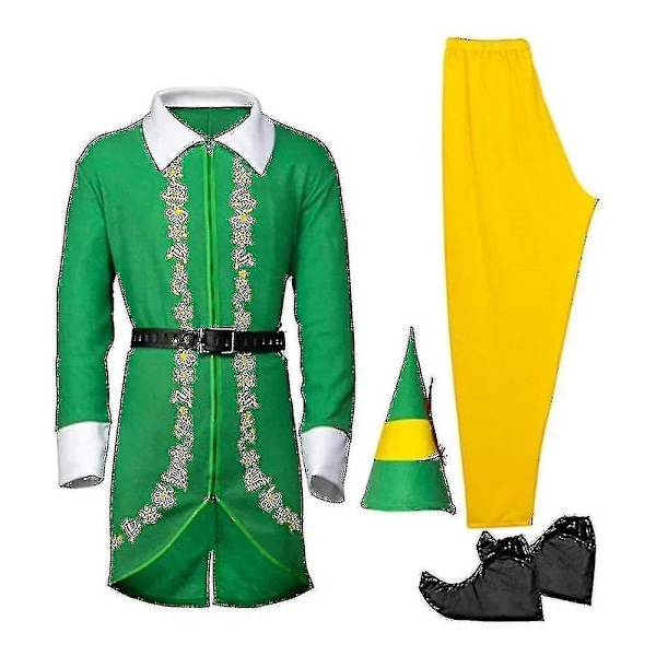 Buddy Elf-kostym för jul med byxor, jacka, skor, hatt och bälte - Andningsbart outfit för män, pojkar - Bekvämt (FMY) M
