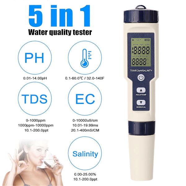 5 i 1 Professionell Multi-parameter Combo Testmätare PH/EC/TDS/Salthalt/Termometer Digital Multifunktionell Vattenkvalitetstestare (FMY)