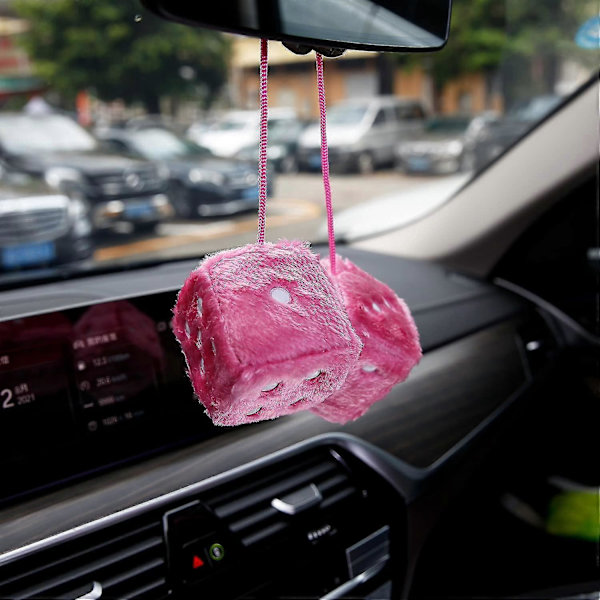 Par av Retro Kvadratiska Spegelhängande Par Fuzzy Plysch Tärningar med Prickar för Bil (FMY) pink