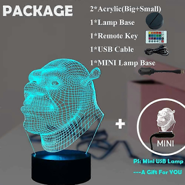 SBSG Shrek 3D LED Nattlys Tegneserie Den Grønne Monster Filmfigur USB Berøring Fjernkontroll 16 Farger 4 Moduser Optisk Illusjon Sengelampe (FMY)