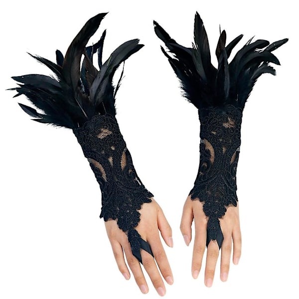 Noitavihkan käsineet pitsillä ja höyhenkoristeilla Halloween-juhliin (FMY) Black