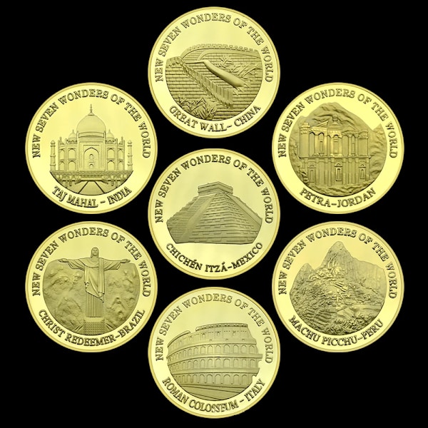 Maailman 7 ihmettä muistokolikot Kiinan muuri Pyramidi Taj Mahal Rooman Colosseum Juhlakokoelma kolikot (FMY) Pelat