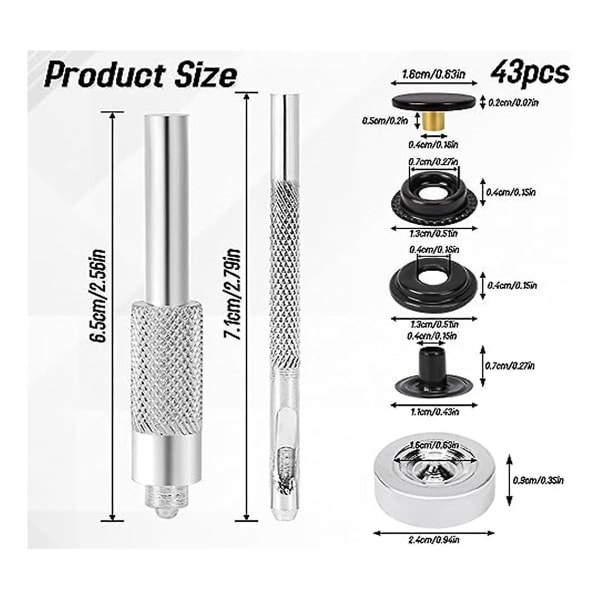 Snapsæt med 43 dele, beklædningssnap i metal med 3-delt snapfikseringsværktøj til jakker, forsyninger (FMY)