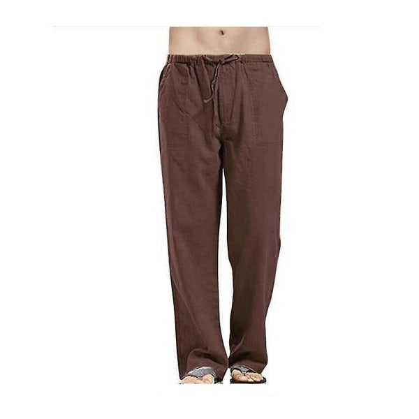 Baggy strandbukser i linned til mænd med brede ben Elastik i taljen Casual løse haremsbukser (FMY) Brown S