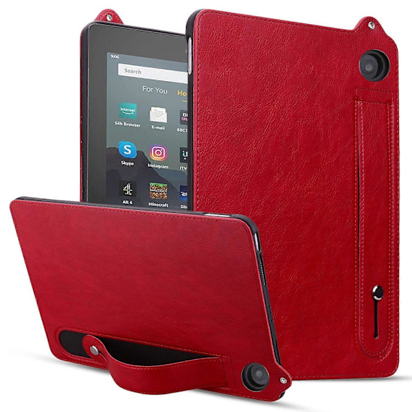 For Amazon Fire HD 8 (2024) (2020) Deksel Håndstropp Støtte Lær Tablet Cover - Grå (FMY) Multicolor Red