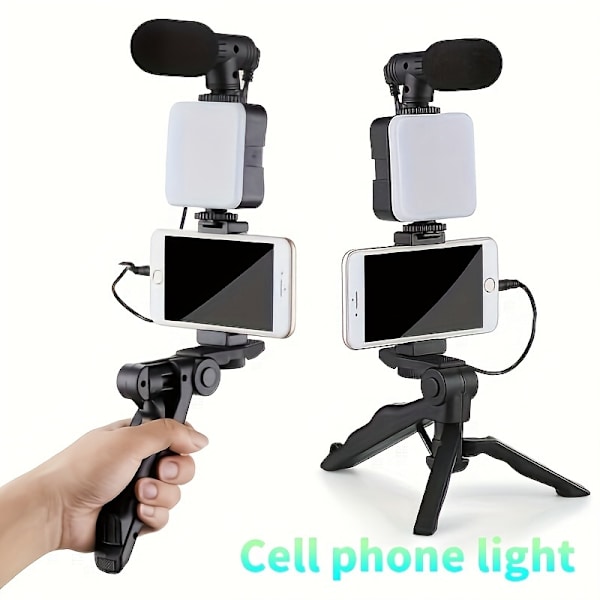 10-tums Tripod-kit för videobloggning för iPhone och Android - LED-lampa, Mini Shotgun-mikrofon, Telefonhållare och Batteridriven Design för (FMY) Black