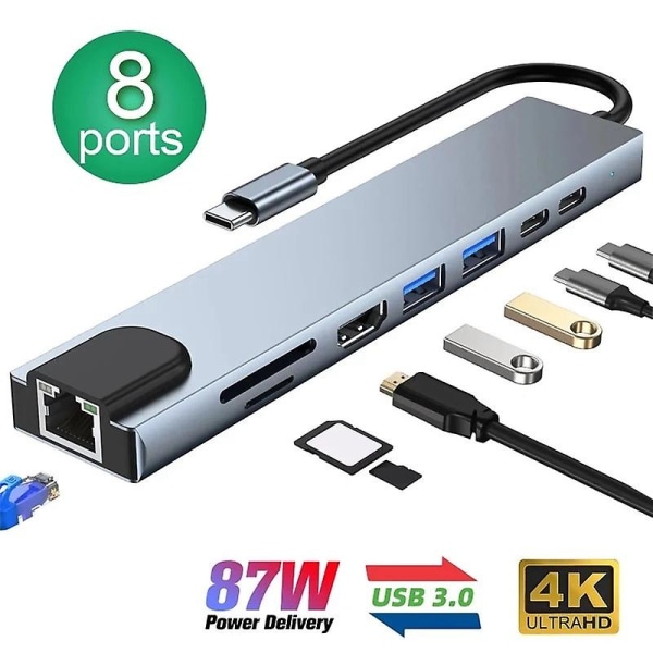 8 i 1 USB C Hub Typ C 3.1 till 4k HD-adapter med Rj45 Sd/tf-kortläsare Pd Snabbladdning för Macbook Notebook Bärbar dator (FMY)