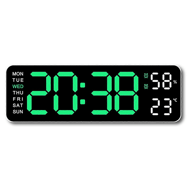 Suuri digitaalinen seinäkello lämpötila ja kosteus LED 12/24H vihreä (FMY)