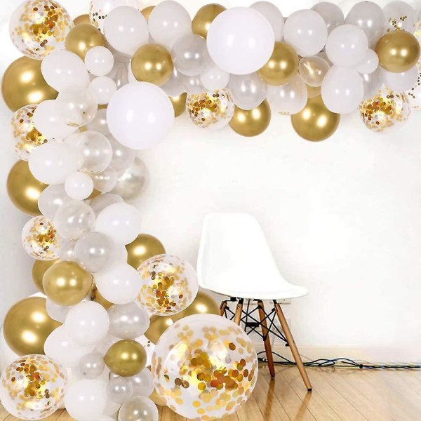 Guld hvide balloner, guirlandesæt, 102 stykker festdekorationssæt med guld hvide konfettiballoner, metallisk ballon, ballonguirlande striber til fødsel
