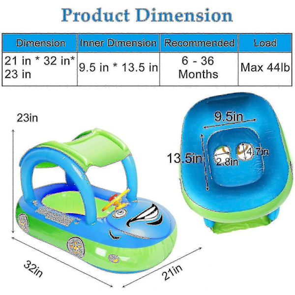 Uppblåsbar Babypool Float med Tak, Bilformad Badfloat Båt för Spädbarn Småbarn Barn (FMY) Blue