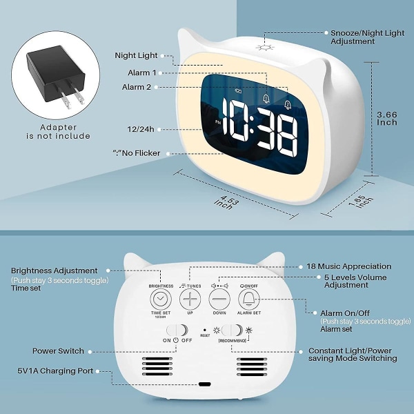 Børnevækkeur med nattelys Trinløs dæmpning, sød katteøre digitalt ur til drenge og piger, 5 minutters alarm  (FMY)