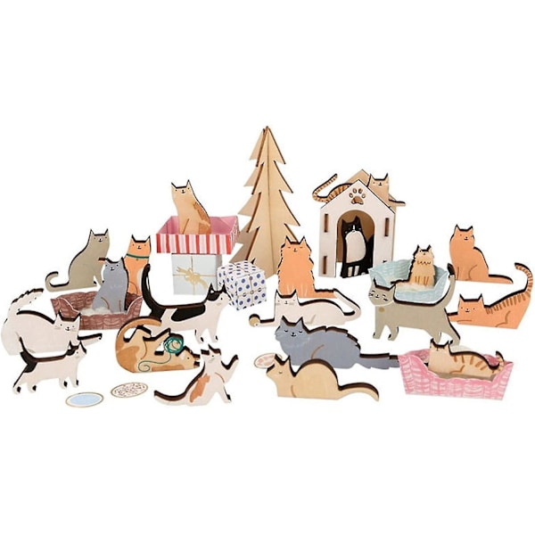 Katt-Adventskalender Resväska, 2022 Trä-Skog Adventskalendrar, Perfekt Djurleksak till Jul (FMY)