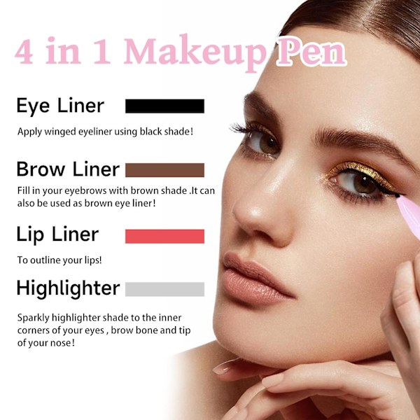 4-i-1 Makeup Pen, Eyeliner, Brynliner, Lipliner og Highlighter Pen, Vandtæt All In One Makeup Pen (FMY)