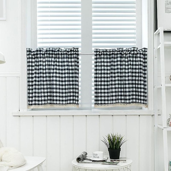 Keittiön ikkunan ruudullinen lyhyt verho pitsiverho tanko läpi verho verhoilu sisustus  (FMY) Navy Blue 74*61cm