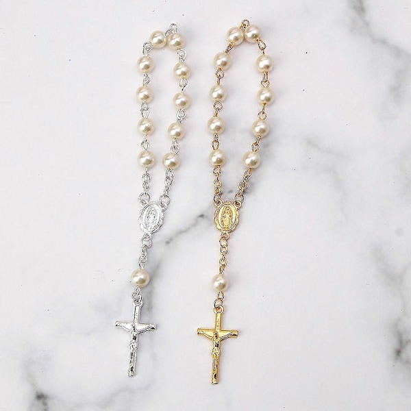 Katolsk korsfingerkæde Mini rosenkrans Finger dåb Rosenkranse Imiterede perler Armbånd til dåbsgaver Barnedåb (FMY) Silver