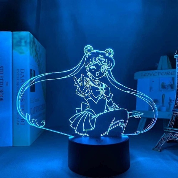 Sailor Moon 3D Nattlampa, Akrylpanel ABS Bas USB-Kabel Illusionseffekt Flerfärgad Fjärrkontroll Lampa Gåva för Anime-älskare (Färg : (FMY)