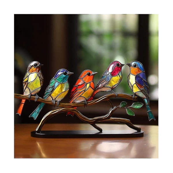 Farvede glasfugle på grenen skrivebordspynt, dobbeltsidet flerfarvet fuglefarvedekoration (FMY)