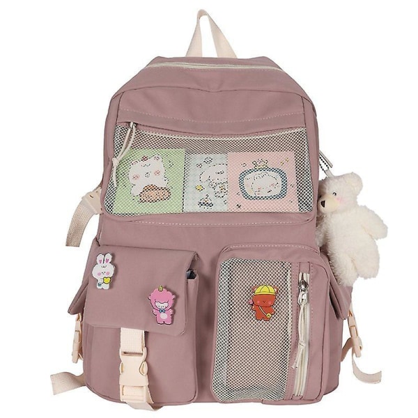 Kawaii rygsæk til piger Kvinder med bjørnetilbehør Cute College High School rygsæk Laptop bogtaske Pink+beige (FMY)