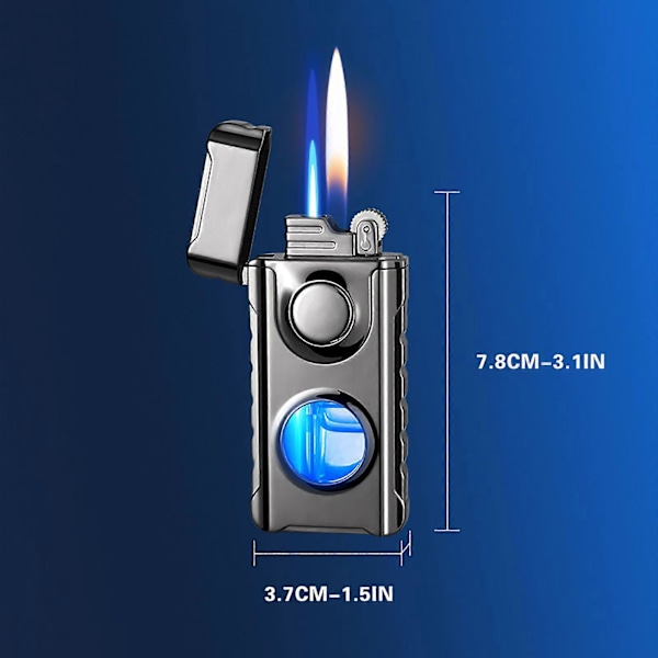 Dual Flame Lighter med LED Blåt Lys Synlig Tank, Kreativ Vindtæt Gas Torch Lighter, Dual Fire Butan Lighter med Gaveæske, Gaver F (FMY) E