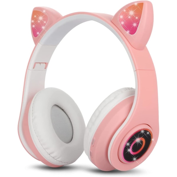 Bluetooth over-ear hodetelefoner Pink Girl Cat Ear hodetelefoner Rgb Led Light Sammenleggbare stereo trådløse hodetelefoner Headset for barn Teleskopisk støyreduksjon