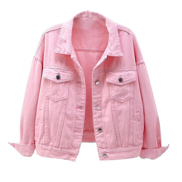 Dame forår og efterår frakker Varm solid langærmet denimjakke overtøj (FMY) Pink XL