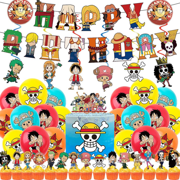 One Piece Anime-tema Barn Vuxen Födelsedagsfest Tillbehör Ballonger Banner Tårta Toppers Set  (FMY)