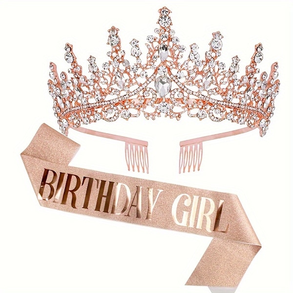 2-delt Barok-inspireret Prinsesse Krystal Fødselsdagskrone & Glimtende Bånd Sæt - Tiara og Bælte Combo til Glad Fødselsdagsfest Tilbehør, Perfe  (FMY) Purple Girl Suit