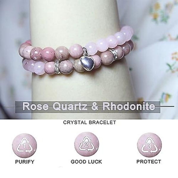 Helbredende Armbånd Til Kvinder - Rosakvarts & Rhodonit Armbånd - Helbredende Bønner Krystal Armbånd, 8mm Natursten Anti (FMY)