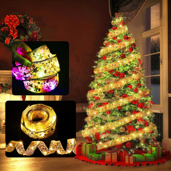 Ribbon Fairy Light juledekorasjon Juletrepynt til hjemmet 2023 Buer String Lights Navidad Natal nyttår 2024 (FMY) Gold-multicolor-1M