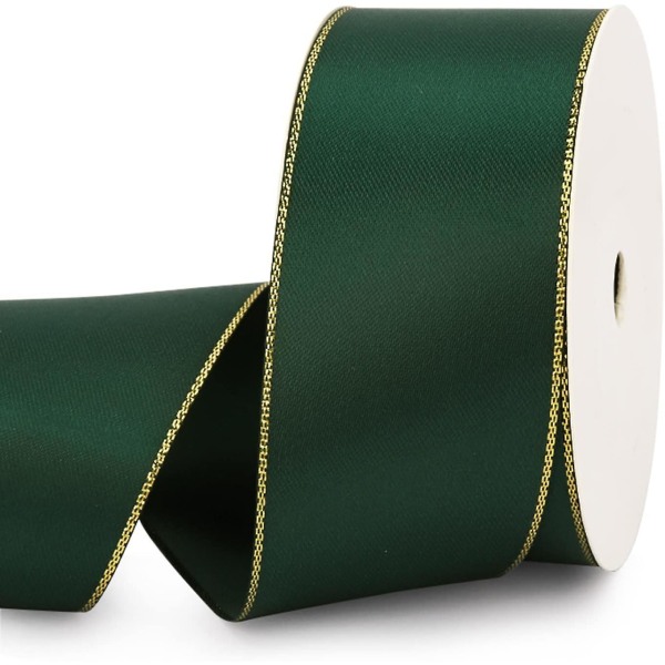 Grønt dobbeltsidig satengbånd med gullkant, 1-1/2\u201d polyester kontinuerlig (FMY)