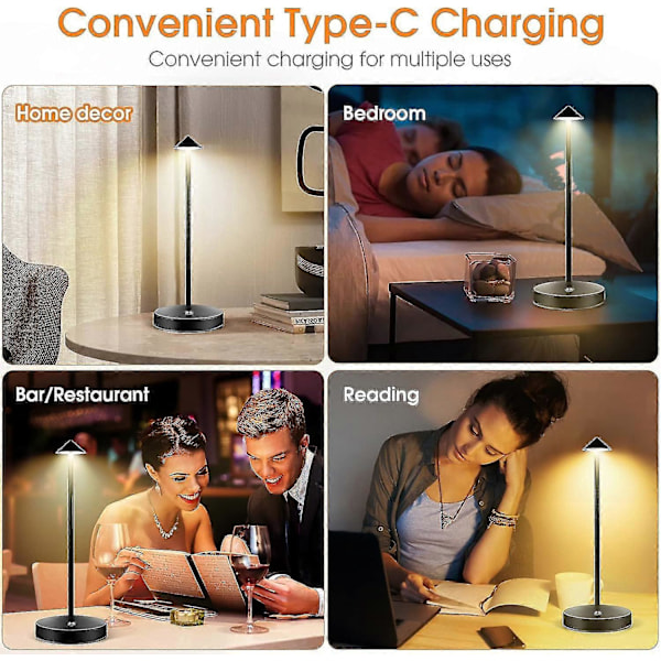 LED Touch Sladdlös Bordslampa, Uppladdningsbar Portabel Bordslampa, 3 Ljusstyrkenivåer Dimbar Skrivbordslampa för Sovrum Hem Läsa Kontor Bar (FMY) Black