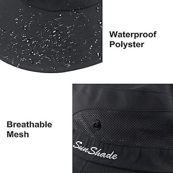 Dam sommar solhatt bred brätte utomhus UV-skydd hatt hopfällbar hästsvans hink keps för strand fiske vandring  (FMY) Black