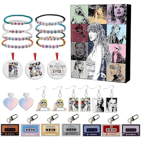 Taylor The Swift Julkalender med 24 stycken julklappar, akryldekorationer och armband, överraskningsjulklapp (FMY)
